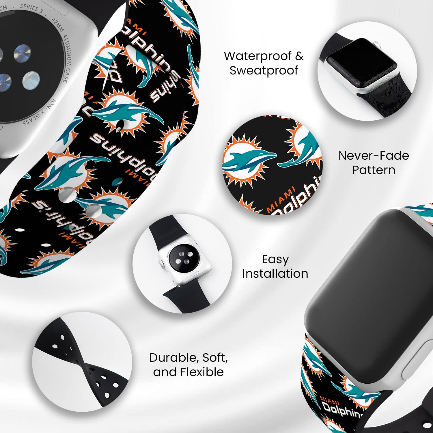 Miami Dolphins Apple Watch Band - Premium HD Silicone Strap Compatible with Apple Watch Series 9/8/7/6/SE/5/4/3/2/1 - Perfect for Game Day, Sports Fans & Dolphins Supporters