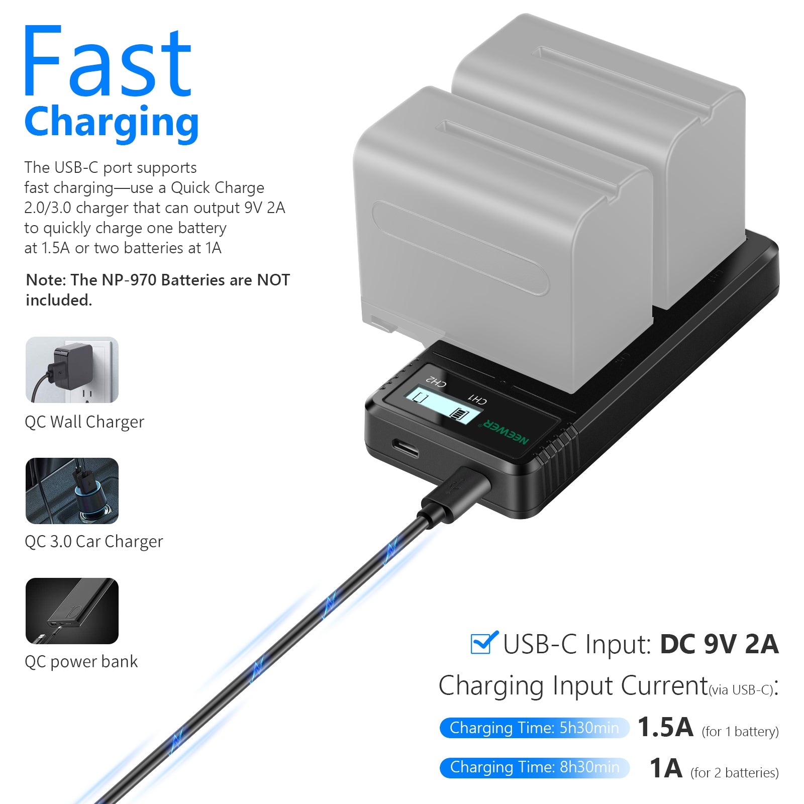 NEEWER Dual USB Battery Charger for Sony NP-F Series - Fast Charging for Sony Cameras, Camcorders & DSLRs - Perfect for Travel, Vlogging & Professional Photography