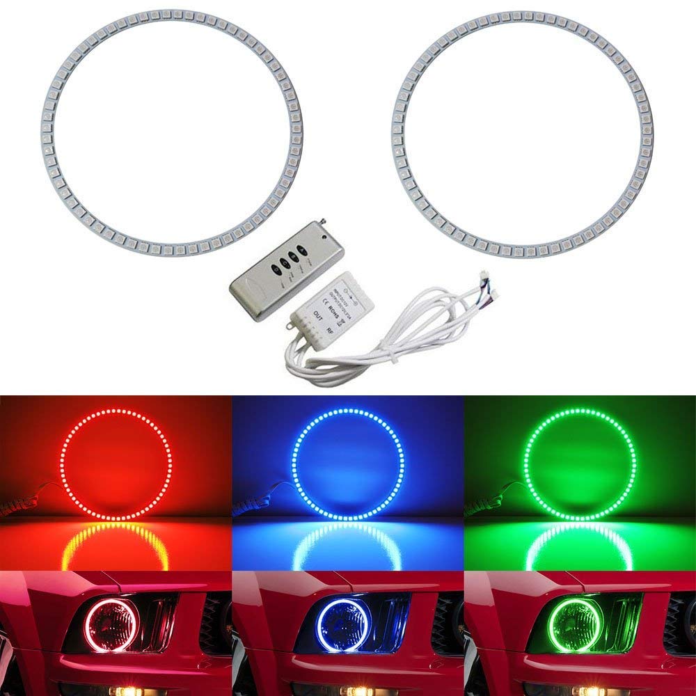 iJDMTOY 132-LED RGB Multi-Color Angel Eyes Halo Rings for 2005-2009 Ford Mustang | Adjustable Front Road Lighting | Daytime Running & Night Driving Lights | Custom Car Aesthetics & Enhanced Visibility