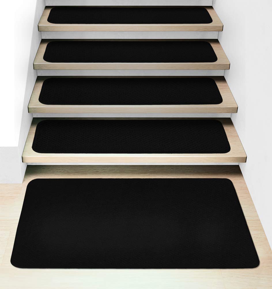 15-Piece Attachable Carpet Stair Treads Set with Matching Landing Rug - Non-Slip Black Staircase Cover for Home Safety & Decor | Perfect for Stairs, Hallways & Entryways