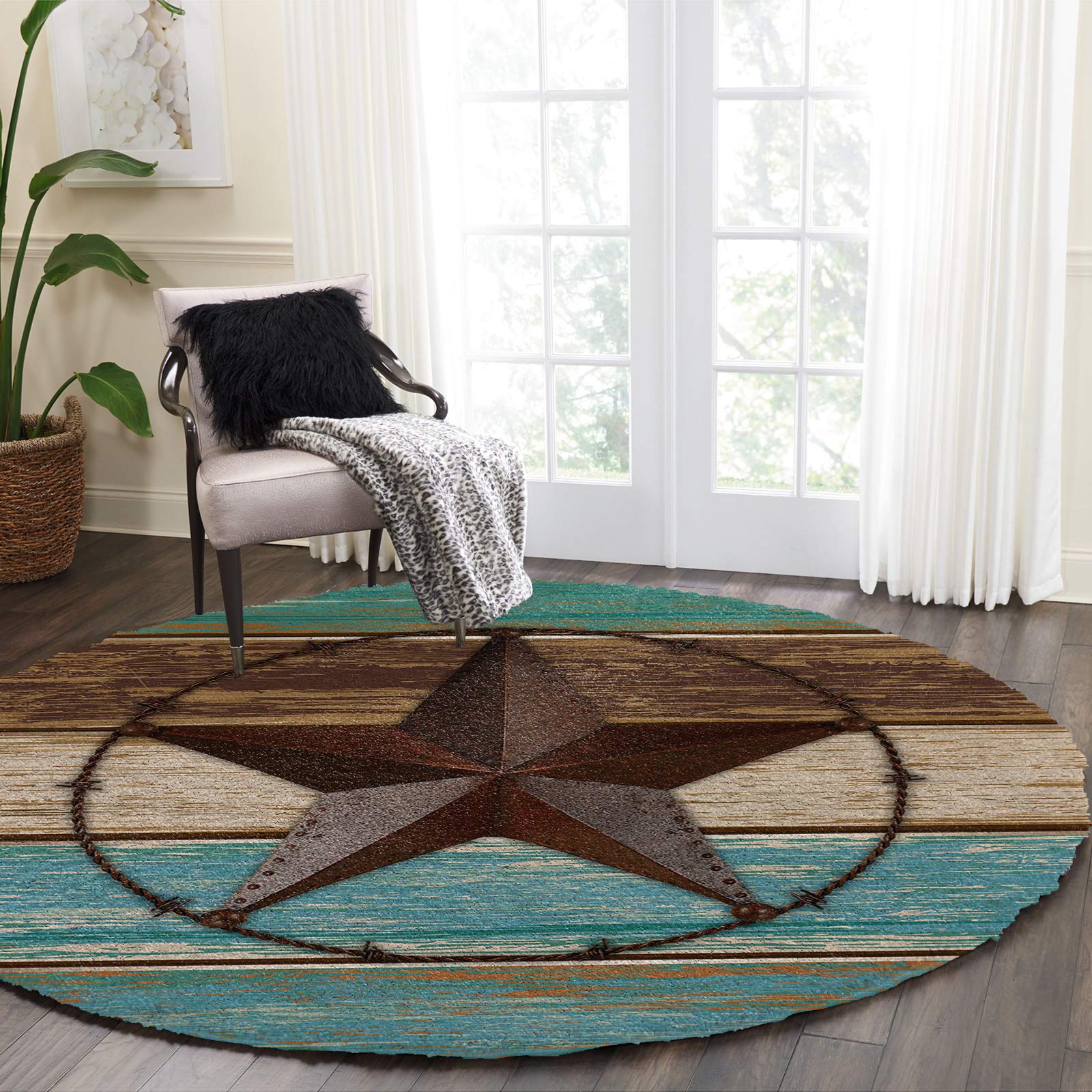 Fluffy Round Area Rug 4ft - Western Texas Star Design, Plush Shaggy Soft Circular Carpet, Non-Slip Fuzzy Accent Floor Mat for Living Room, Bedroom, Nursery - Home Decor in Teal & Brown (Perfect for Cozy Spaces, Kids Play Areas & Western-Themed Interiors)