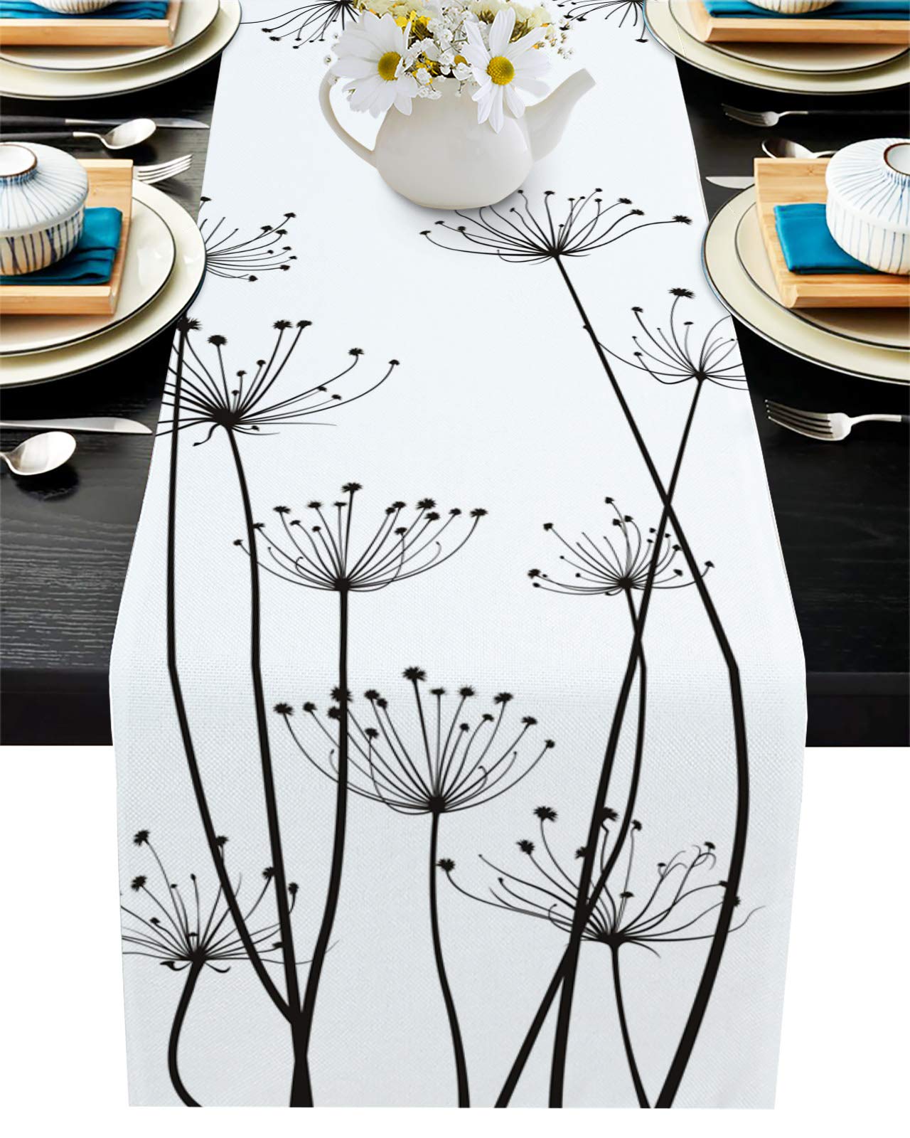Elegant Thistle & Dandelion Pattern Non-Slip Table Runner - 13x60 Inch Cotton Linen Dining Table Decor for Weddings, Coffee Parties & Outdoor Events - Black & White Dresser Scarf for Home & Restaurant Decor