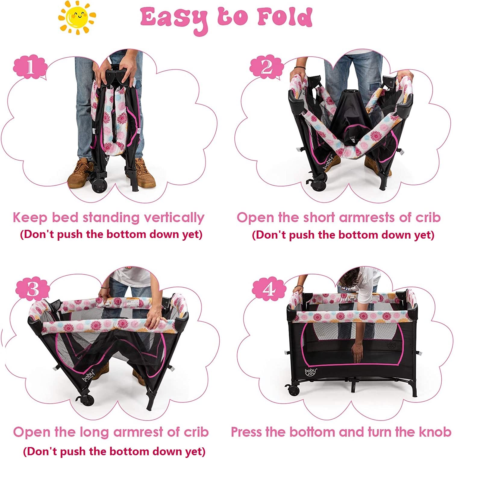 BABY JOY 4-in-1 Portable Playard with Bassinet & Changing Table - Adjustable Height Baby Bedside Sleeper with Music Box - Easy Fold & Carry for Newborn to Toddler - Perfect for Nursery, Travel & Co-Sleeping (Rose)