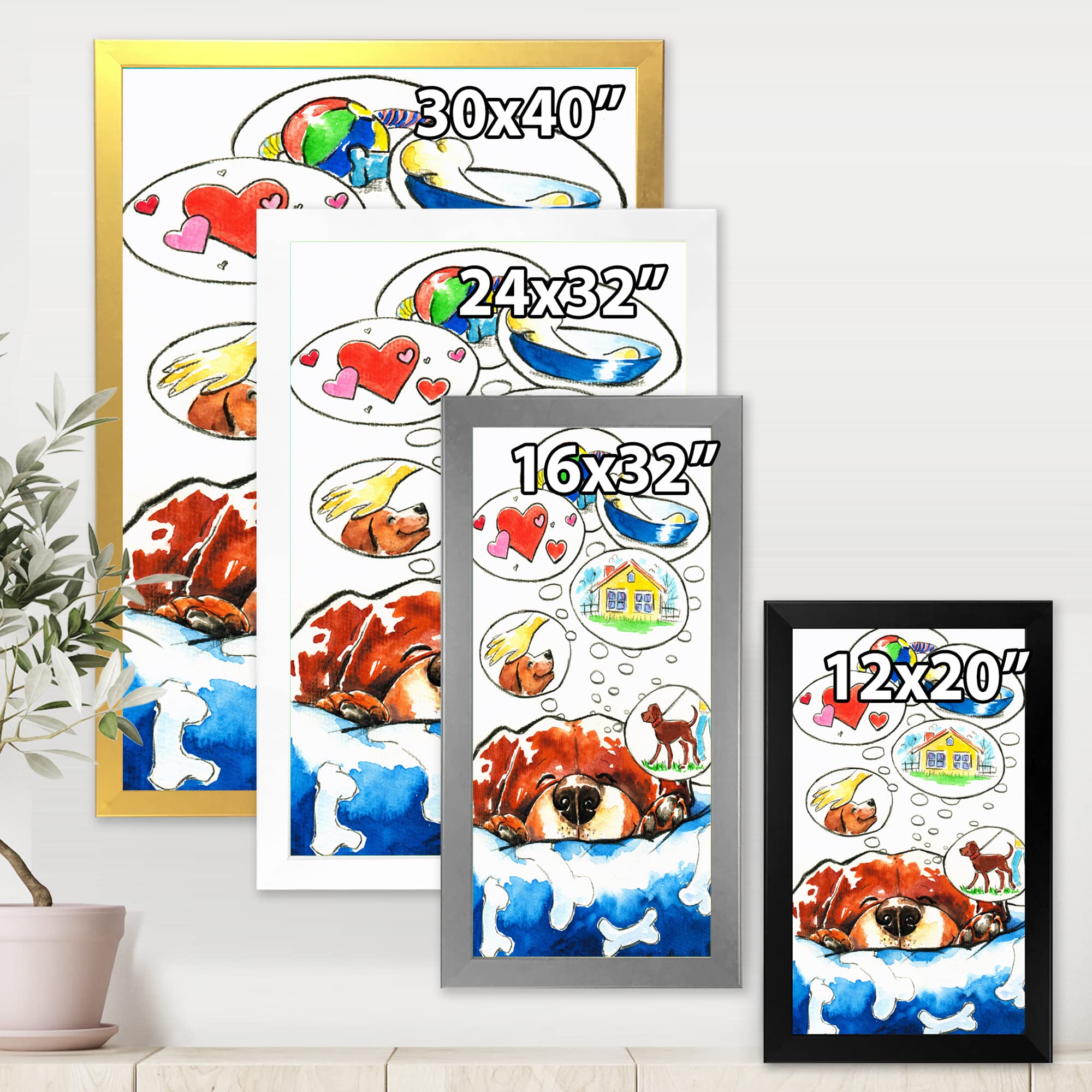 DesignQ Dog Dreams Framed Wall Art for Kids - Playroom & Nursery Decor, Animal Themed Children's Bedroom Painting