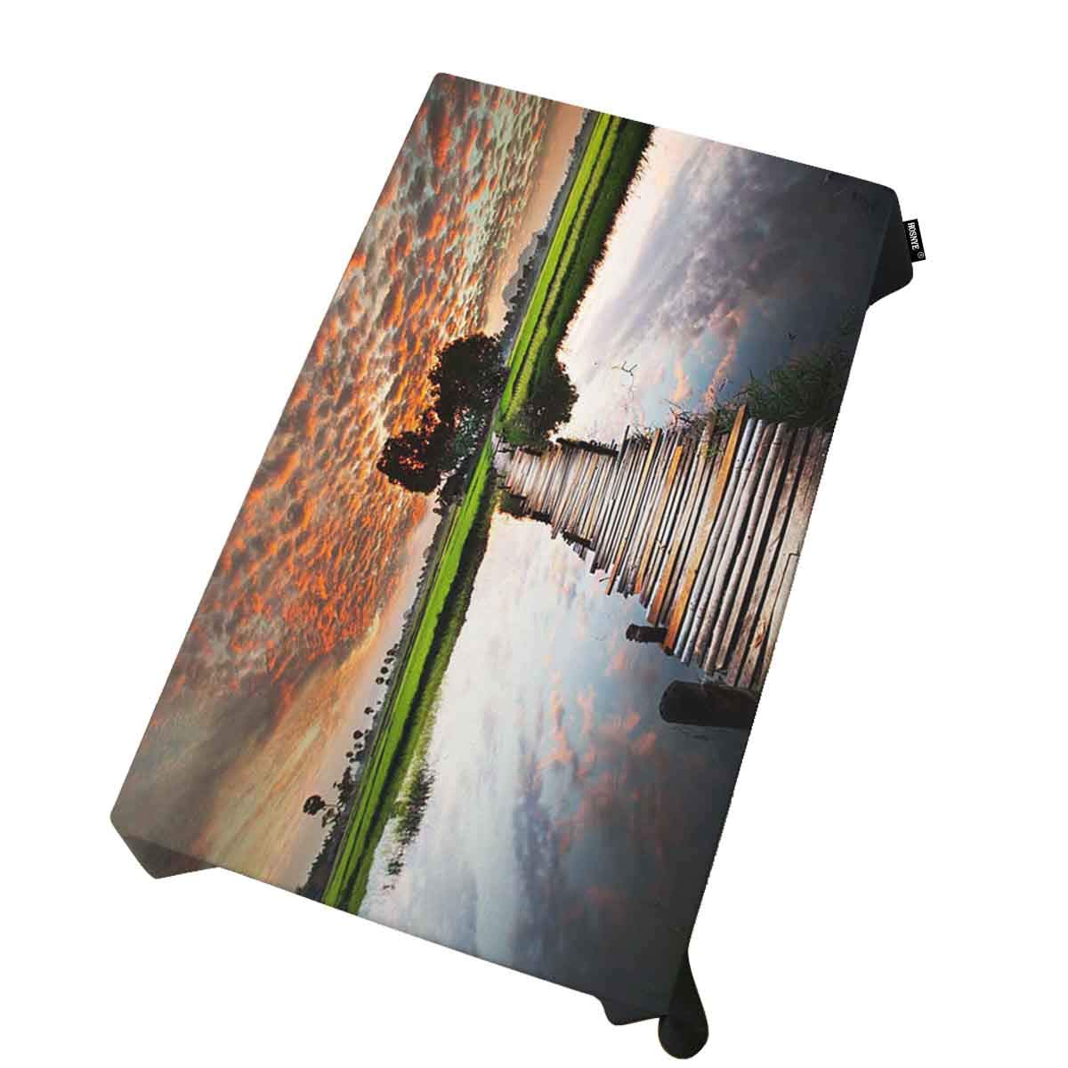 Tropical River Sunset Tablecloth 60x104 Inch - Watercolor Wooden Bridge Design Rectangular Table Cover for Kitchen, Dining Room, Party, Wedding & Holiday Decor - Waterproof & Wrinkle-Resistant for Indoor/Outdoor Use
