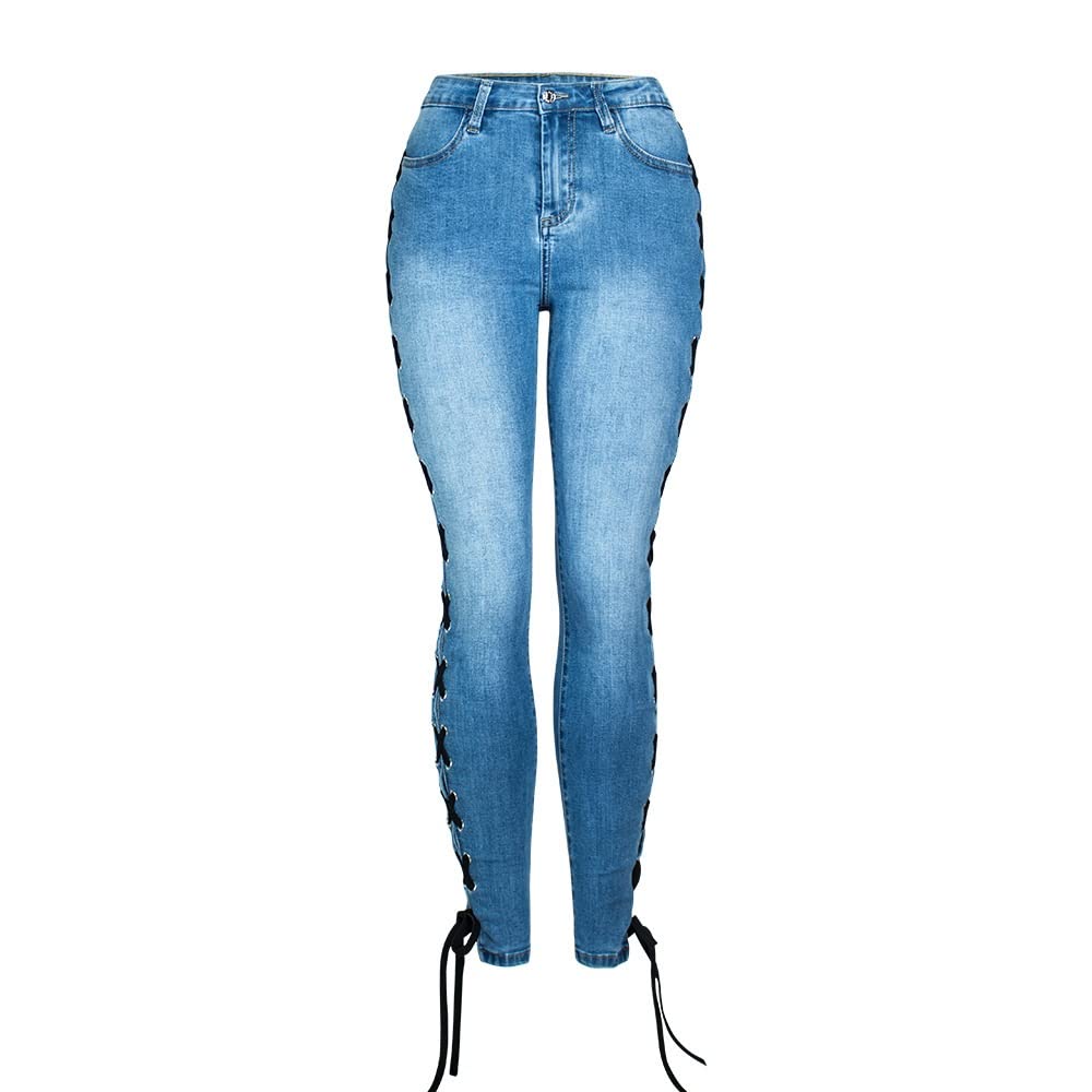 Sexy Cross Lace Up Pencil Jeans for Women - Mid Waist Slim Denim Pants (XXL) | Perfect for Spring/Summer Outfits, Date Nights & Casual Wear