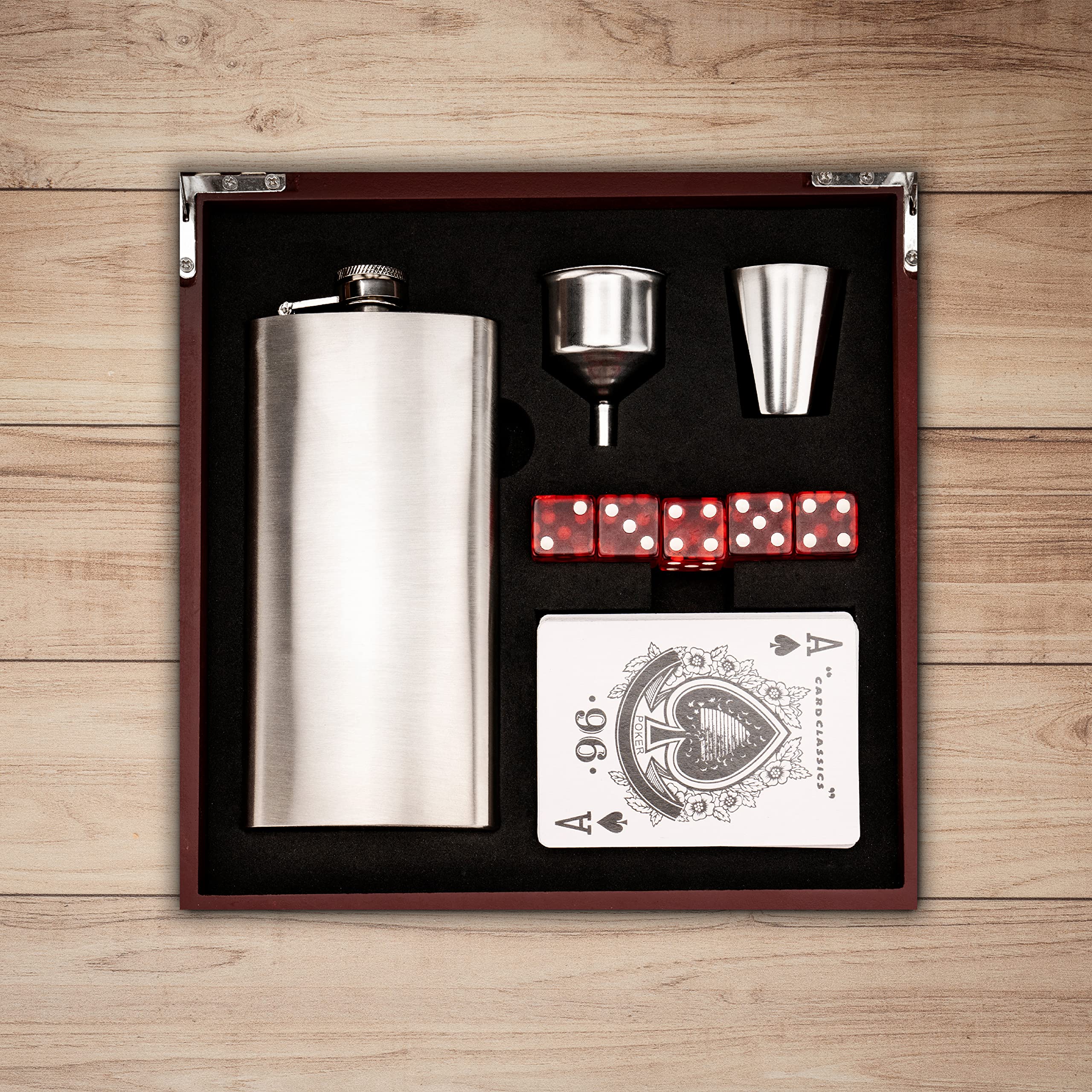 Set of 6 Premium Personalized Groomsmen Gifts - Rosewood Finish Flask with Playing Cards & Dice | Custom Wedding Favors for Groomsmen, Best Man & Bridal Party | Perfect for Bachelor Parties, Weddings & Anniversary Celebrations