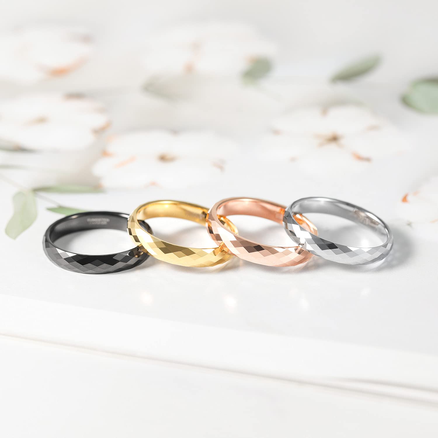 4MM Tungsten Carbide Wedding Band for Women - Rose Gold, Black, Gold, Silver - Comfort Fit Size 5-12 - Durable Faceted Edge Dome Ring - Perfect for Engagement, Anniversary & Everyday Wear