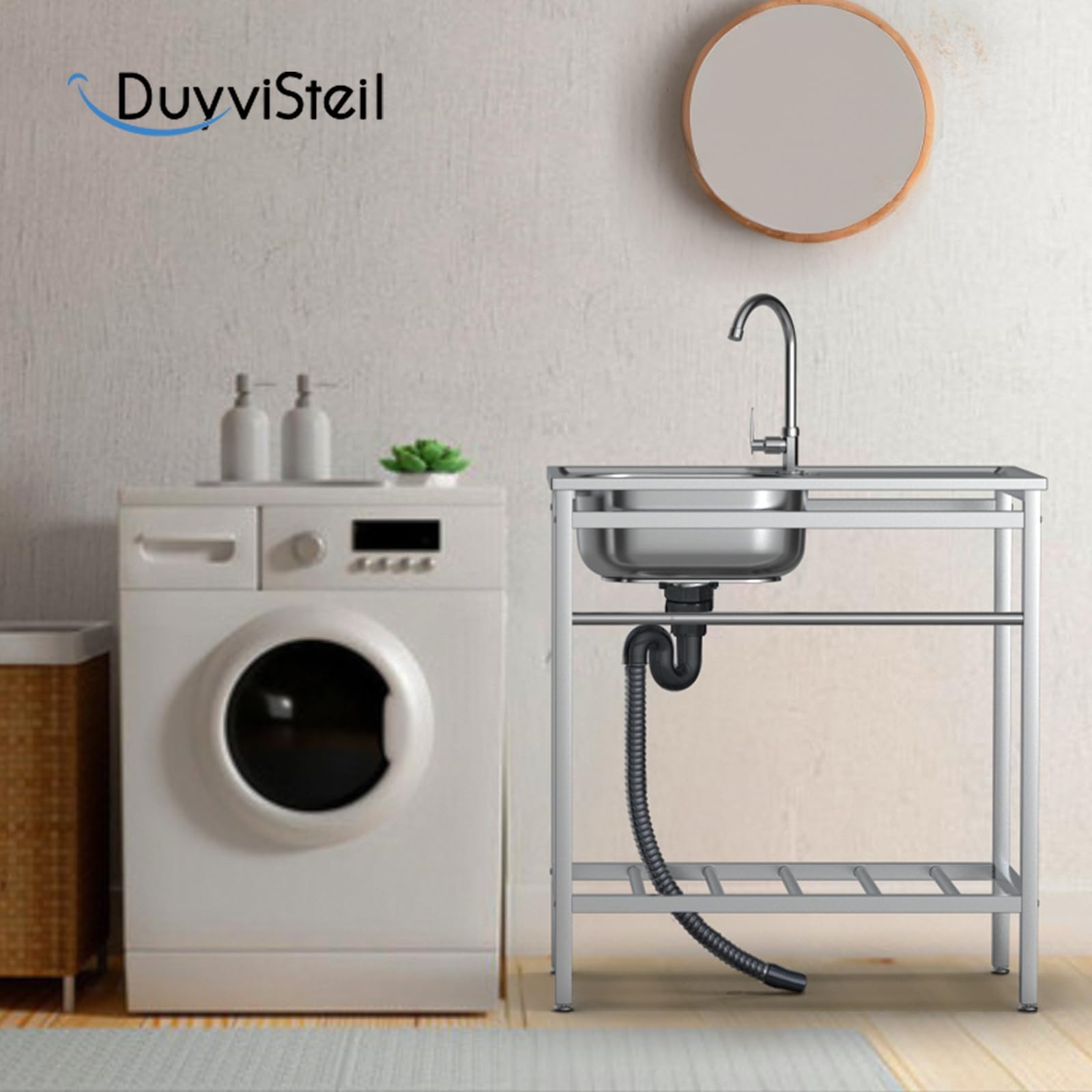 Stainless Steel Utility Sink with Hot & Cold Faucet - Free Standing Single Bowl Hand Washing Station with Shelves - Perfect for Camping, Garage, Kitchen & Backyard Use