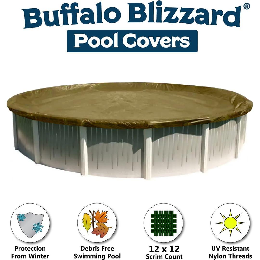 Buffalo Blizzard 33 ft Round Above Ground Pool Cover - Heavy Duty Tan/Silver Reversible Winter Cover | Cold & UV Resistant | Debris Protection | Perfect for Winterizing and Protecting Your Pool from Leaves, Snow & Seasonal Damage