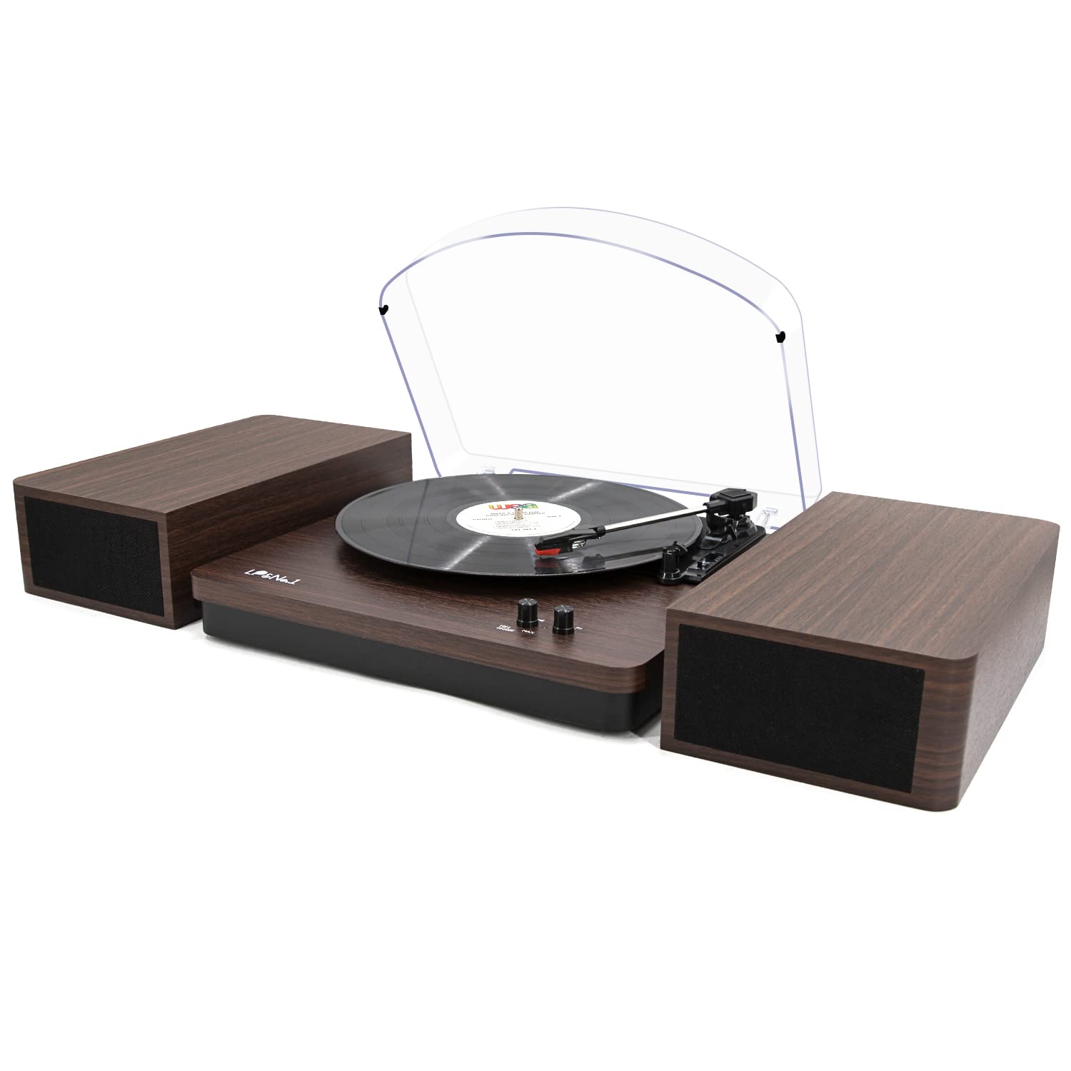 LP&No.1 Bluetooth Vinyl Record Player with Stereo Bookshelf Speakers - 3-Speed Belt-Drive Turntable for Vinyl Albums, Auto Off & Wireless - Perfect for Home Entertainment & Vintage Music Lovers (Dark Brown)