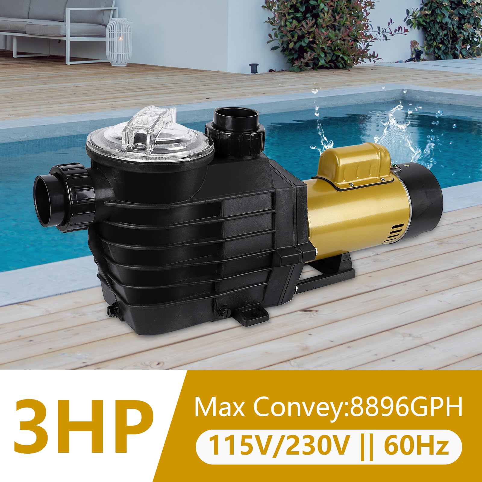 **3HP Dual Speed Swimming Pool Pump - 8896GPH High Flow, 115V/230V, Self-Priming, Energy Efficient & Quiet - for In-Ground & Above-Ground Pools with Filter Basket & Drain Plug - Perfect for Backyard, Residential, and Commercial Pool Maintenance**