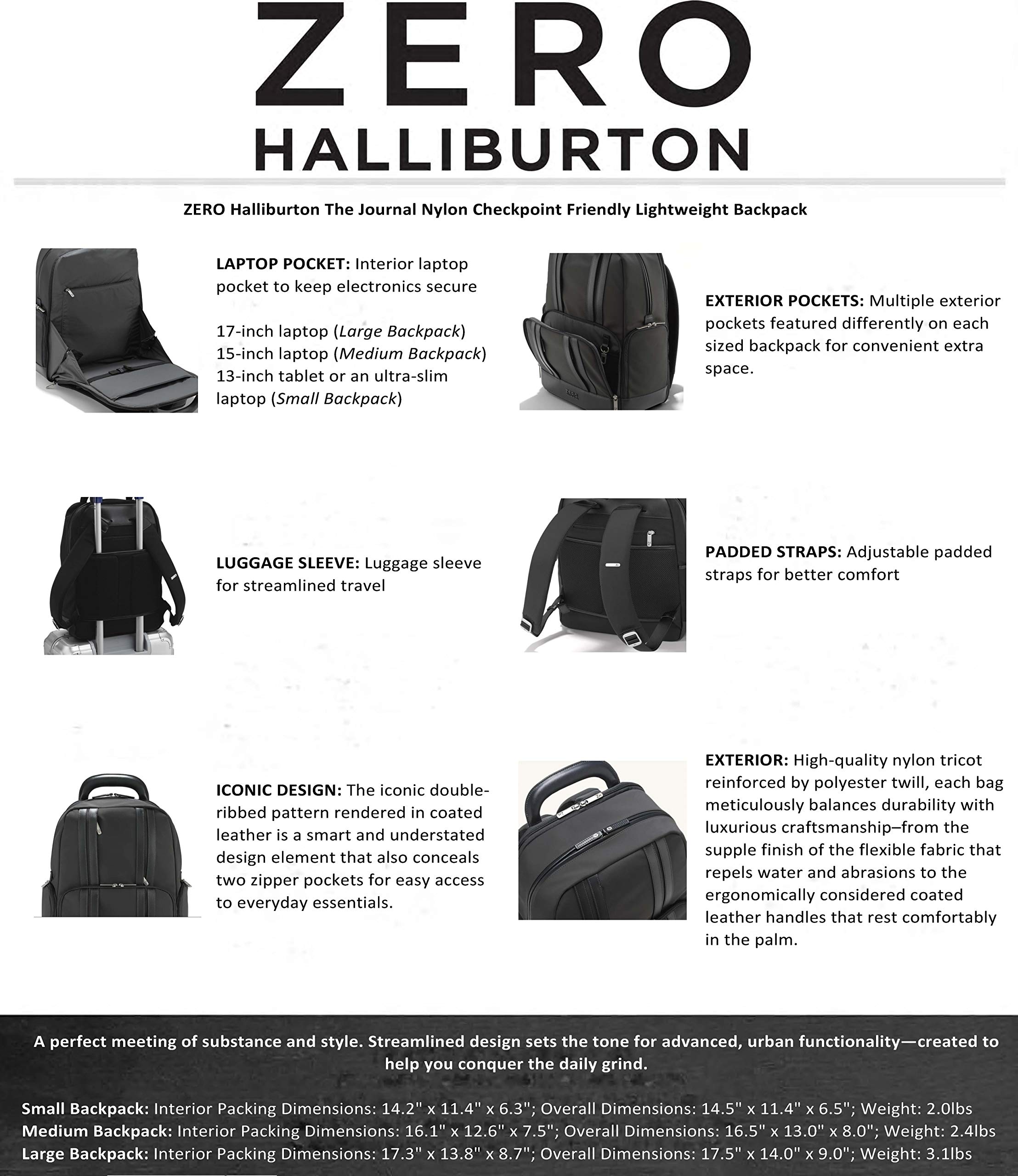 ZERO Halliburton The Journal Nylon Lightweight Backpack - Small Black Daypack for Travel, Work & School | Durable Water-Resistant Laptop Backpack for Men & Women