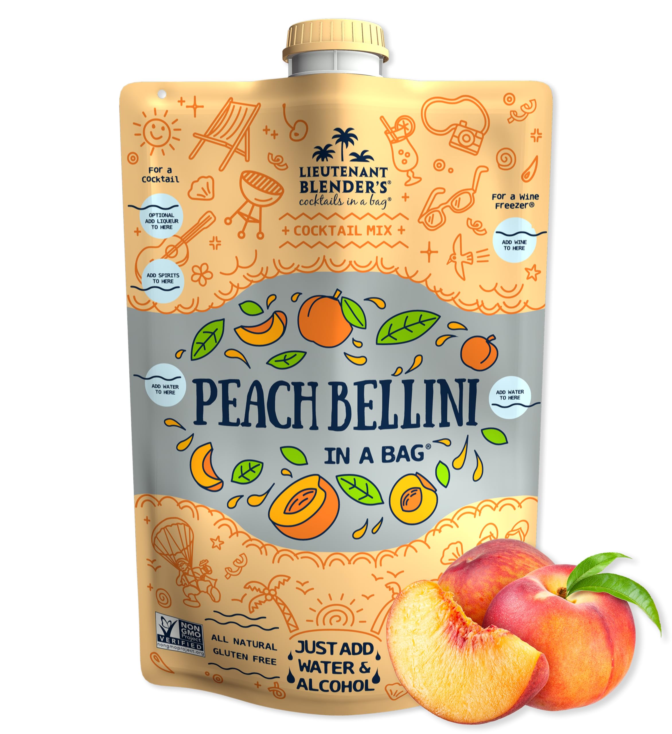 Lt. Blender's Peach Bellini Wine Slushie Mix - Non-GMO Freezer Mix for Cocktails & Mocktails - Makes 1/2 Gallon Frozen Drink (Pack of 1) - Perfect for Parties, Summer BBQs, and Poolside Relaxation