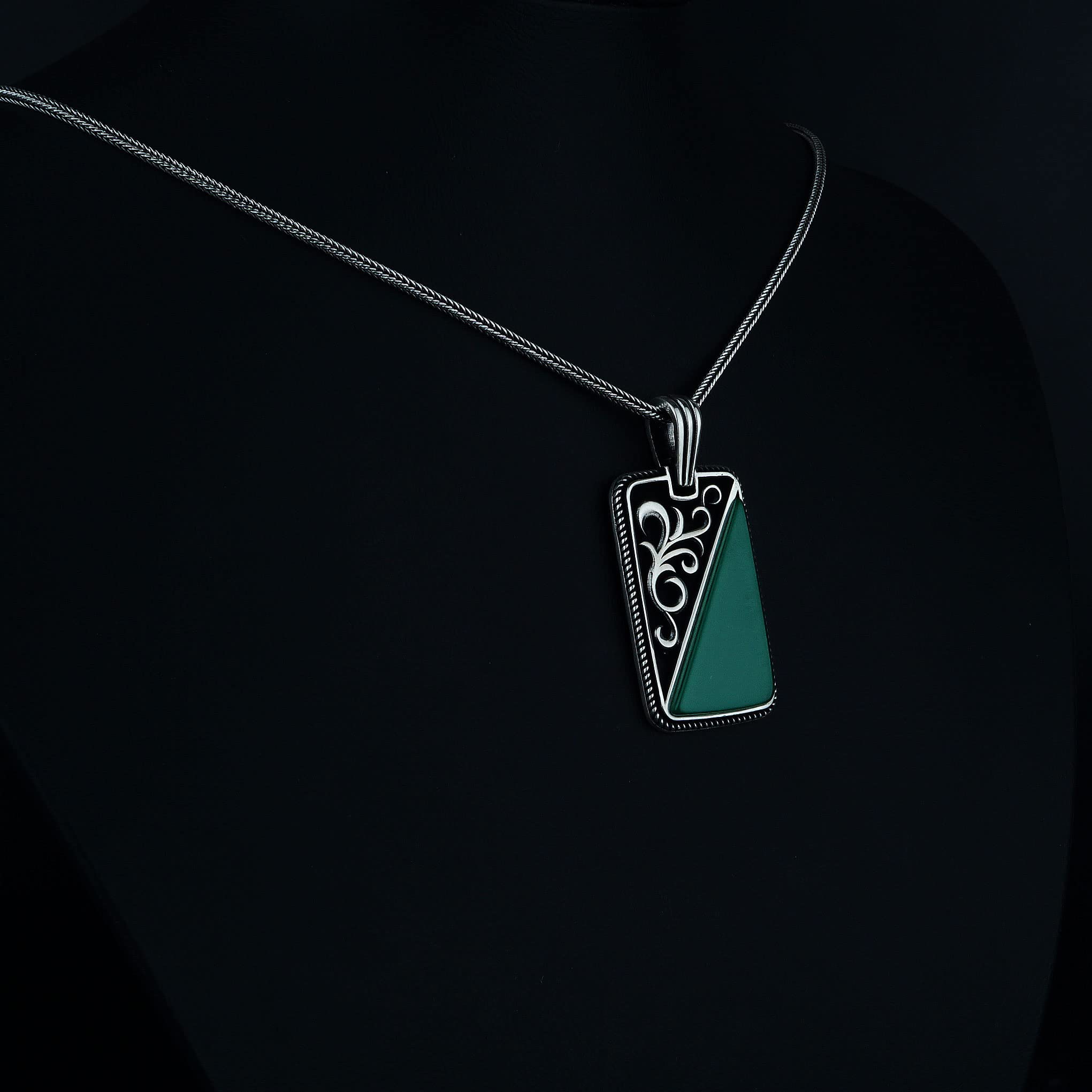 Men's Sterling Silver Necklace with Rectangle Pendant - Green Agate Silver Relief Jewelry for Him | Perfect Gift for Birthday, Anniversary & Special Occasions