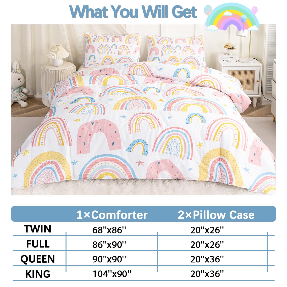 Rainbow Twin Comforter Set for Girls - Pink & Yellow Star Pattern Bedding - 3 Piece Set with 1 Comforter & 2 Pillow Shams - Soft Kids Bedroom Decor for Teen Girls Room, Dorm, Sleepovers & Birthday Gifts
