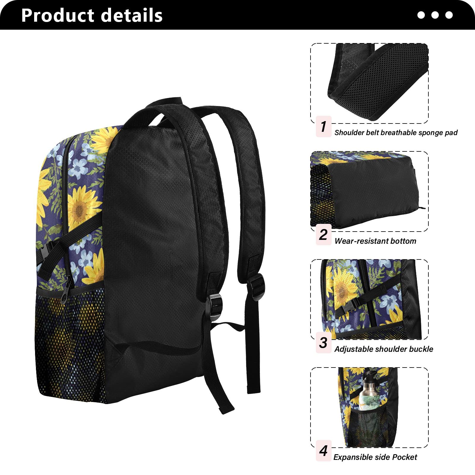Lightweight Waterproof 20L Packable Backpack for Hiking, Travel & Camping | Sunflower Navy Daypack with Secure Pockets | Perfect for Outdoor Adventures & Daily Commute