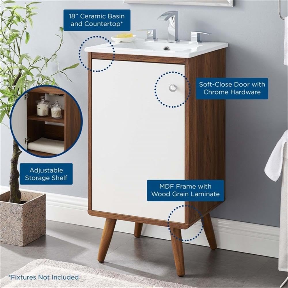 Modway Transmit 18 Inch Walnut White Bathroom Vanity with Sink - Modern Bathroom Furniture for Small Spaces, Apartment & Powder Room Makeover