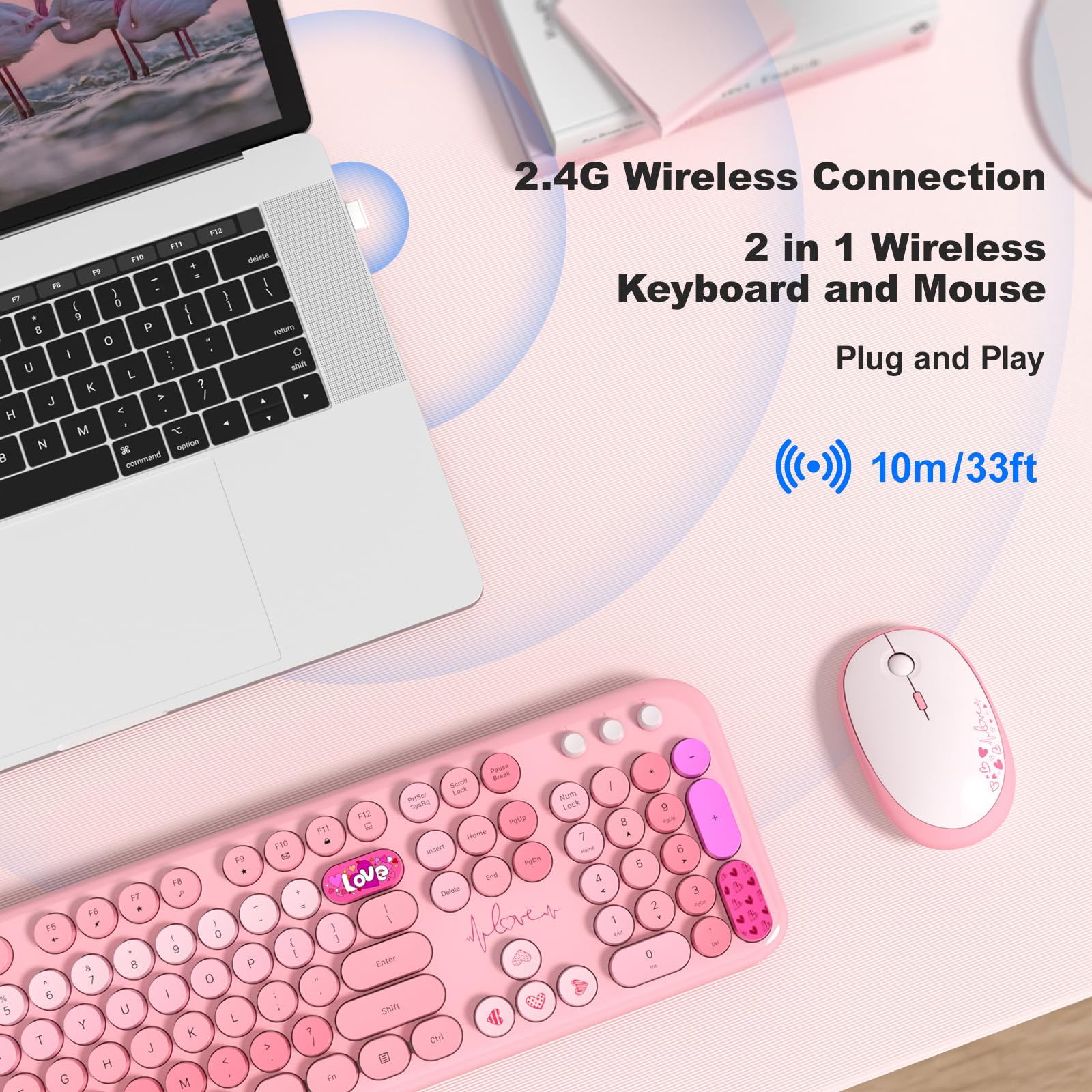 MOFII Wireless Keyboard Mouse Combo - Retro Typewriter Style for PC Laptop (Pink) - Perfect for Office & Home Use