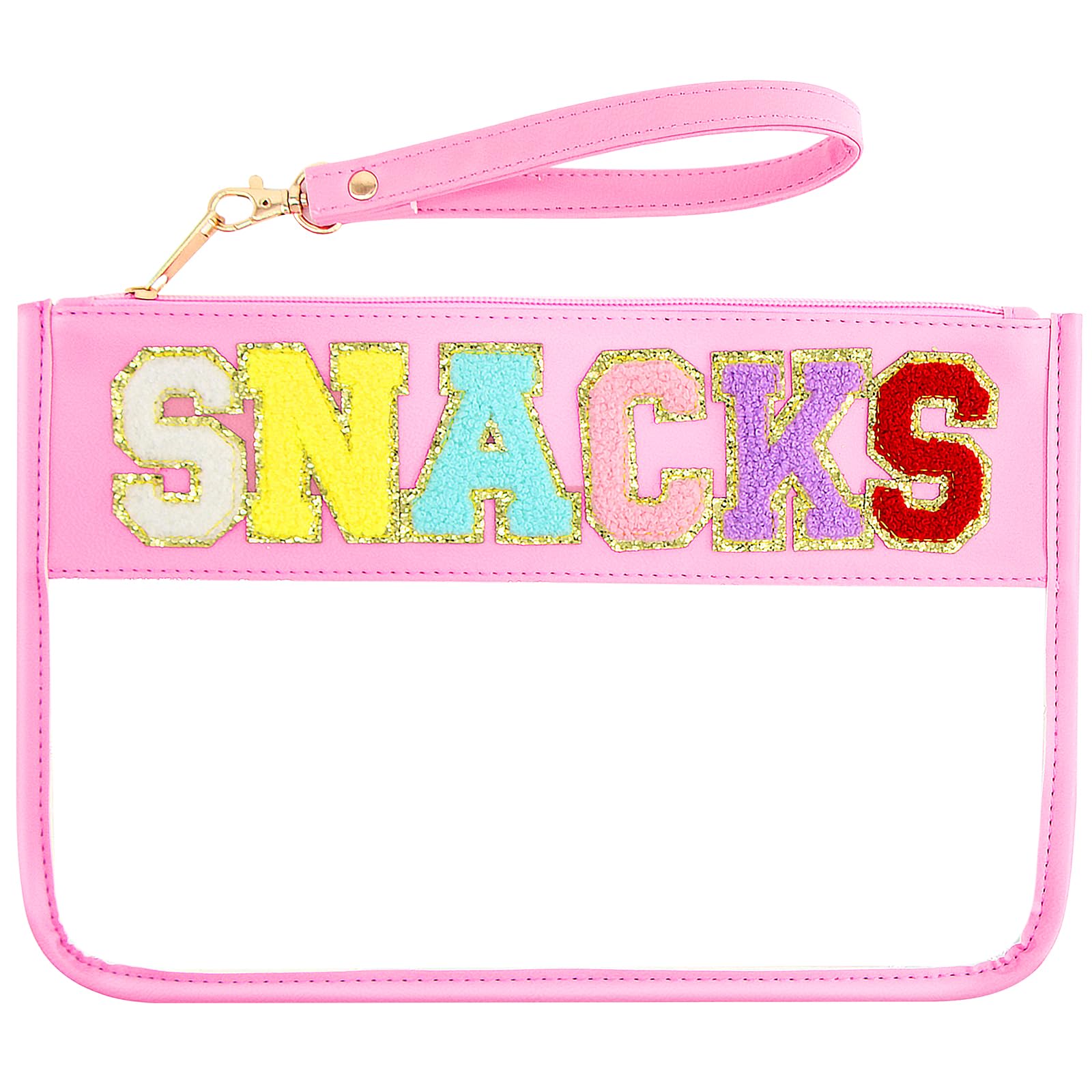 Chenille Letter Zipper Pouch - Clear Snacks Flat Cosmetic Bag for Women & Girls | Preppy Travel Makeup Organizer | Perfect for School, Gym & Beach (Pink)