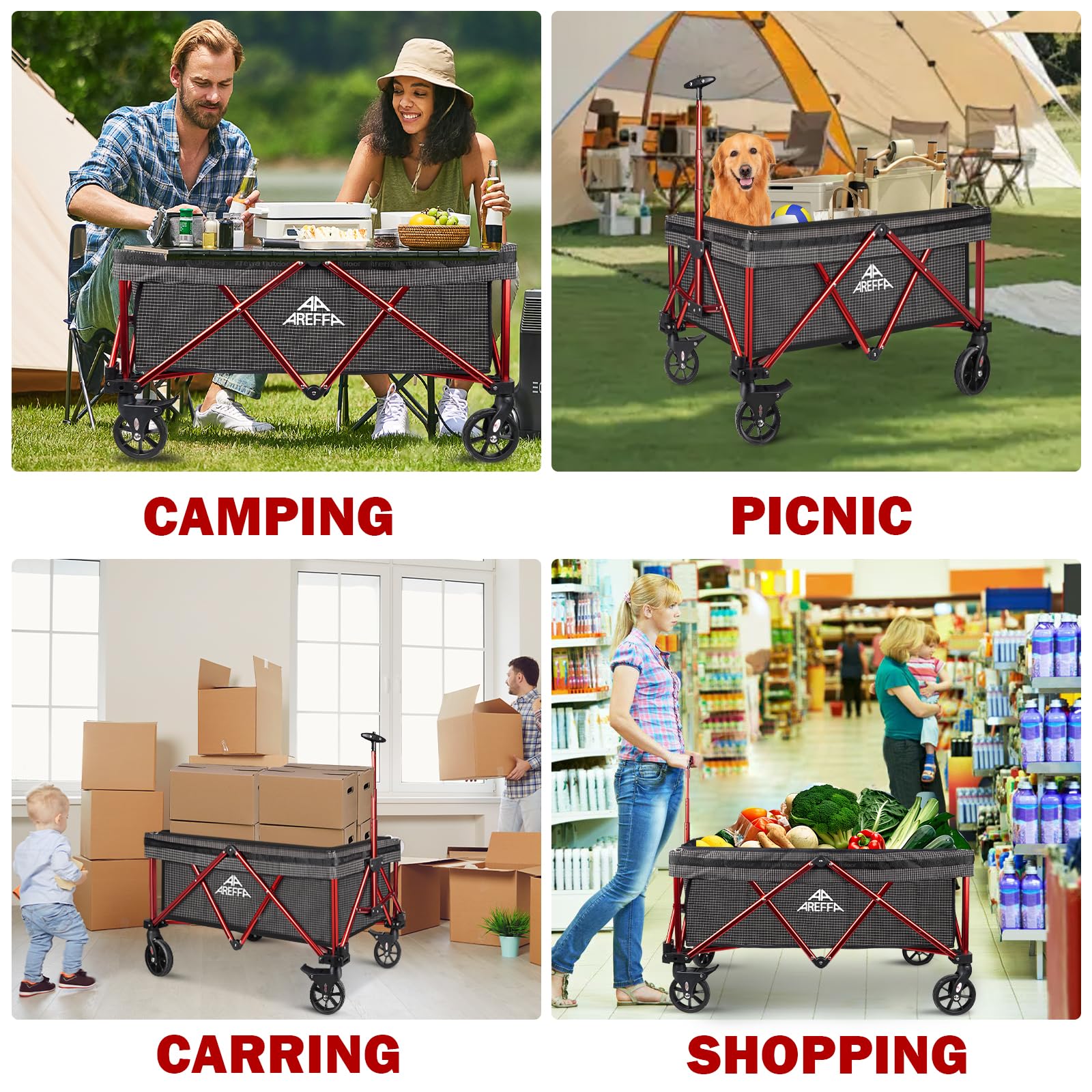 Foldable Outdoor Utility Cart with All-Terrain Wheels - Heavy Duty Collapsible Wagon for Camping, Grocery Shopping & Beach - Large Capacity AREFFA Folding Wagon for Picnics, Gardening, and Outdoor Adventures