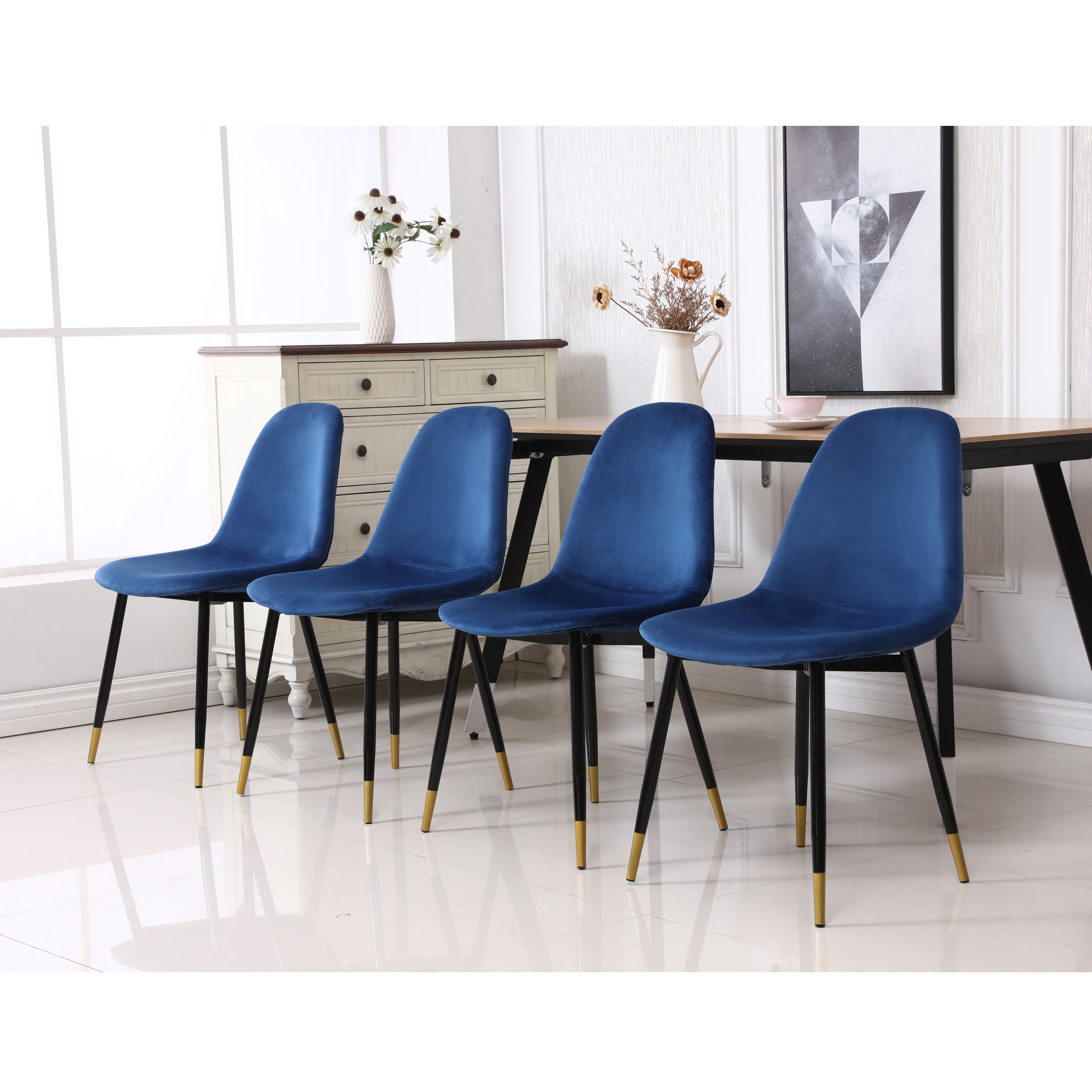 Roundhill Furniture Lassan Modern Fabric Dining Chairs - Set of 4 Navy Blue Upholstered Seats for Kitchen, Dining Room & Breakfast Nook - Comfortable Contemporary Home Decor