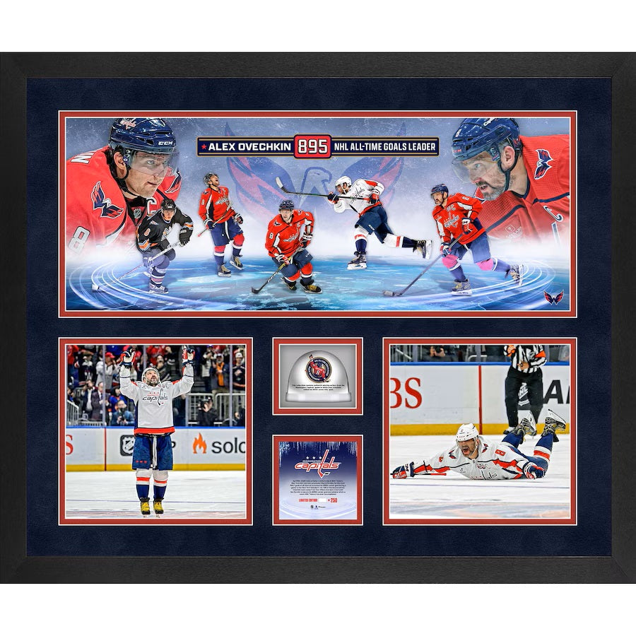 Alexander Ovechkin Framed 20x24 Record Goal 895 Collage with 2025 Game Used Ice - Authentic NHL Hockey Memorabilia for Sports Fans & Collectors - Perfect for Man Cave, Sports Bar Decor or Hockey Gift