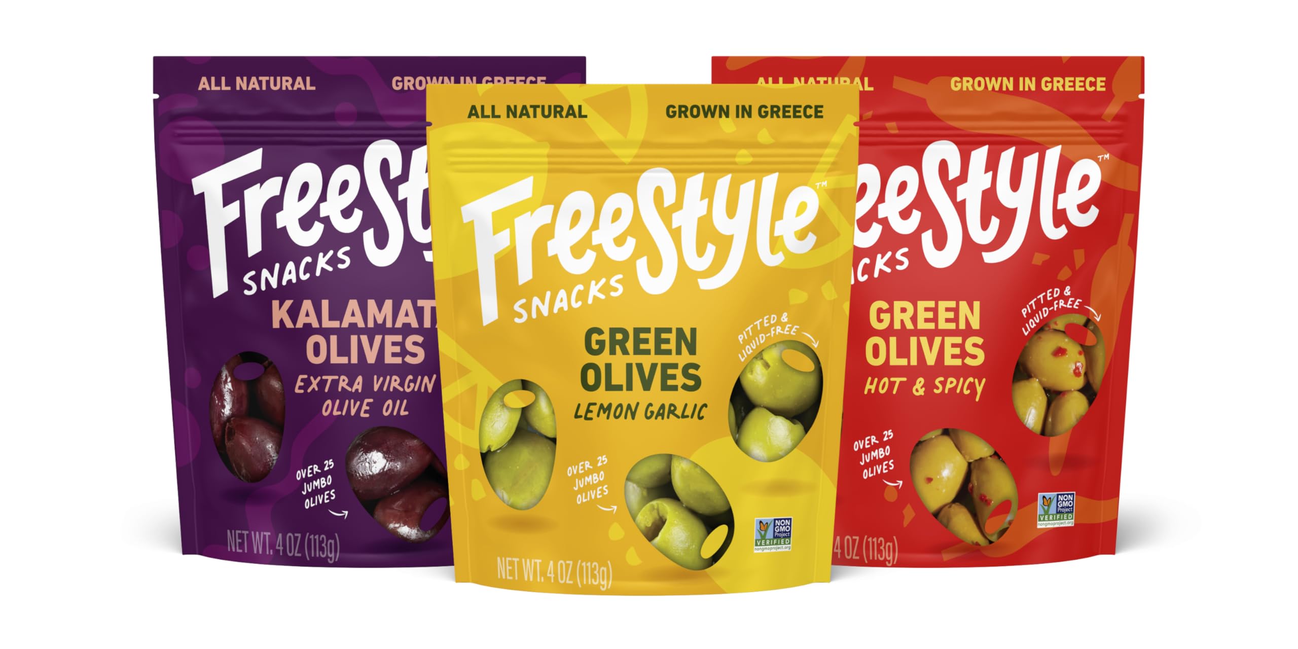 Freestyle Snacks Olive Snack Packs - Premium Pitted Kalamata & Green Olives from Greece, Jumbo-Sized, All Natural, Non-GMO, Paleo & Keto Friendly, Sugar-Free Healthy Snack - Variety Pack, 4oz (3 Pack) - Perfect for Lunch Boxes, Office Snacks & Party Platters