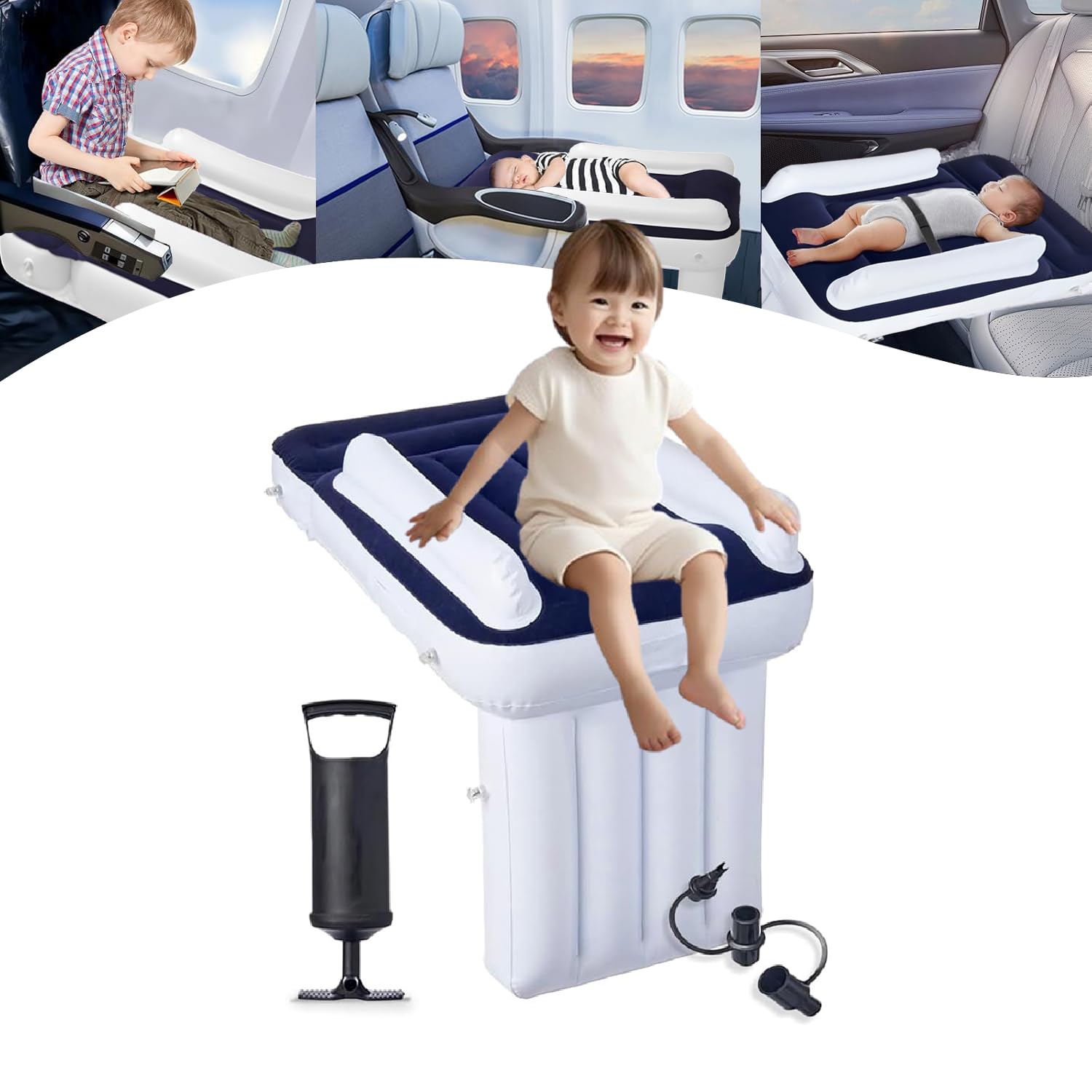 Inflatable Toddler Airplane Bed for Kids - Portable Travel Mattress with Safety Sides, Built-in Pump & Adjustable Belt | Seat Extender for Children on Airplanes (Blue) | Perfect for Long Flights, Road Trips & Sleepovers