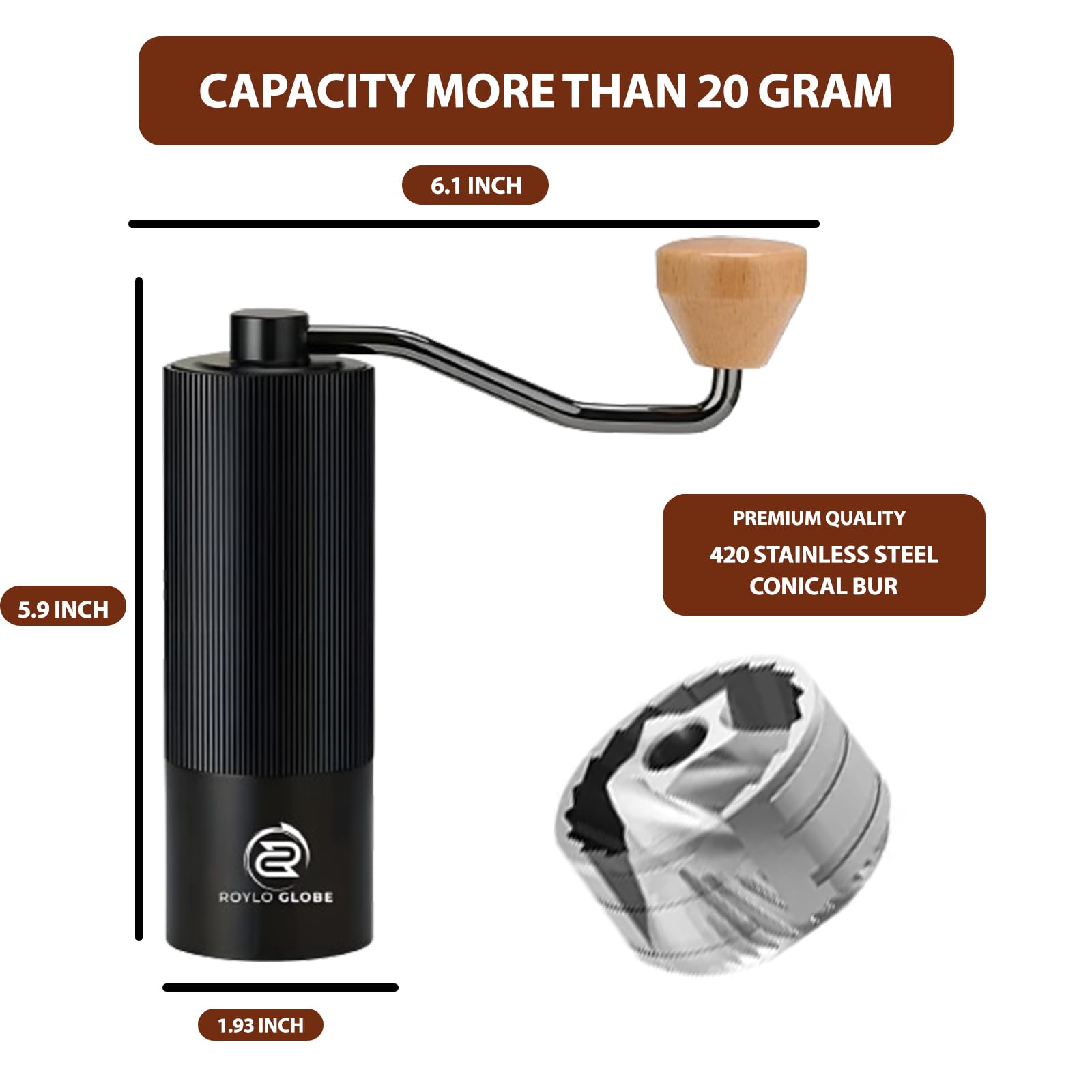 Premium Manual Coffee Grinder with CNC 420 Stainless Steel Blades - Portable Hand Crank Coffee Mill with 20g Capacity - Includes Cleaning Brush - Perfect for Espresso, French Press & Pour Over - Ideal for Home, Office, Camping & Travel