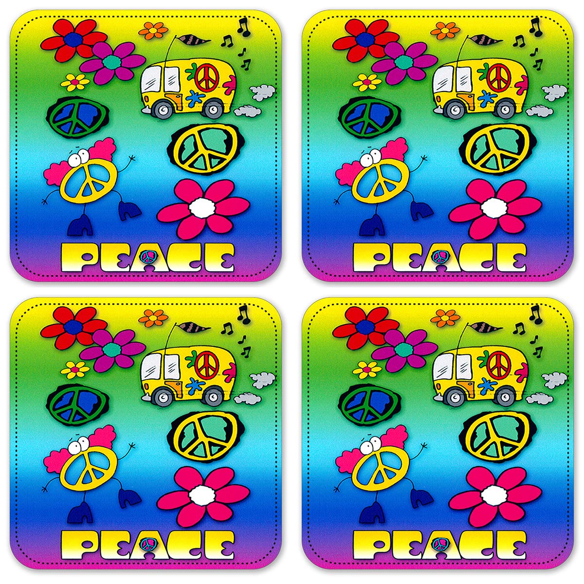 Vinyl Drink Coasters Set of 4 with Peace Design - Non-Slip Absorbent Cup Mats for Coffee Tables, Bars & Home Decor