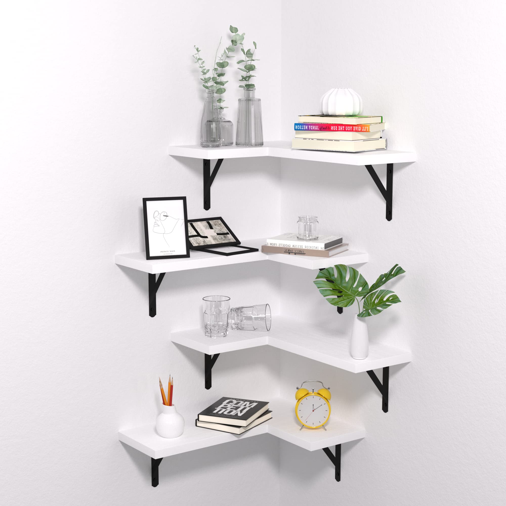 NATURE'S SOURCE Floating Corner Shelves Set of 4 - Wall Mounted Modern White Shelves for Bedroom, Kitchen, Bathroom & Office - Space Saving Storage Solution for Home Decor & Organization