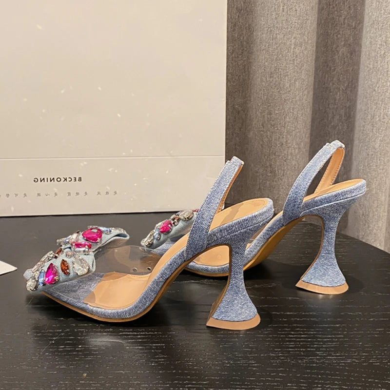 Eilyken Women's Fashion Denim Bowknot Crystal Pointed Toe High Heel Sandals - Sexy Prom Party Shoes for Spring & Summer | Perfect for Weddings, Date Nights & Special Occasions