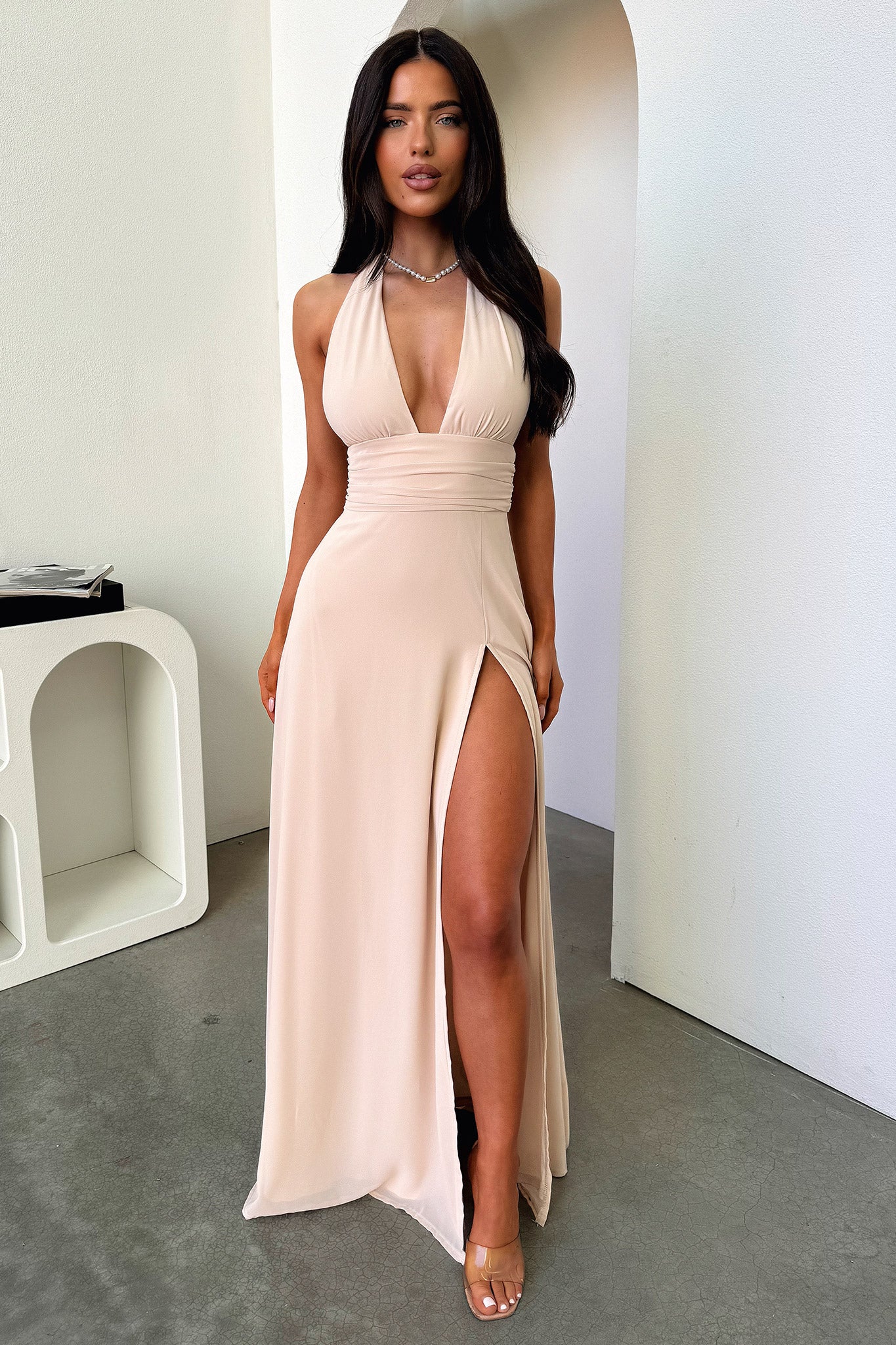 Elenor Elegant Maxi Dress in Champagne - Perfect for Weddings, Parties & Summer Vacations