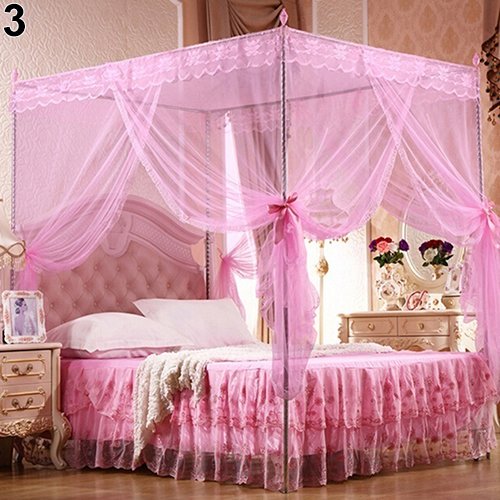 Elegant Pink King Size Mosquito Net for 4 Poster Bed - Romantic Lace Canopy Bed Curtain with Square Design for Fly Protection | Perfect for Master Bedroom, Nursery, or Outdoor Glamping