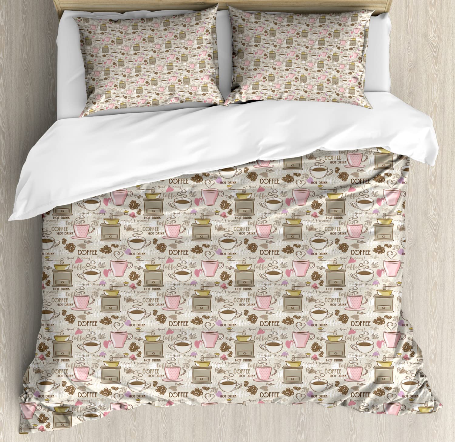 Lunarable Coffee Duvet Cover Set - King Size 2 Pack with 4 Pillowcases | Vibrant Morning Coffee Theme Featuring Grinder, Cups & Fresh Beans | Soft Bedding for Cozy Bedrooms, Guest Rooms & Coffee Lovers' Homes