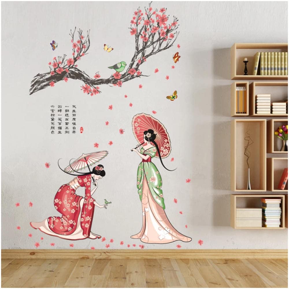 Vintage Chinese Cheongsam Girl Wall Decals - Elegant Floral Wall Stickers for Living Room, Bedroom, Nursery & Kids Room Decor - Asian-Inspired Poetry Art Mural for Home & Office Wall Decor