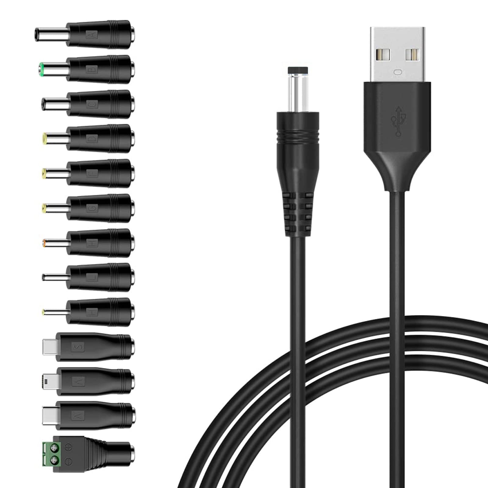 Universal 5V USB to DC Power Cable 1.5M with 13 Interchangeable Connectors (5.5x2.1mm/5.5x2.5mm/Type C/Micro USB/Mini USB) - Compatible with LED Strips, CCTV Cameras, Routers & Electronic Devices