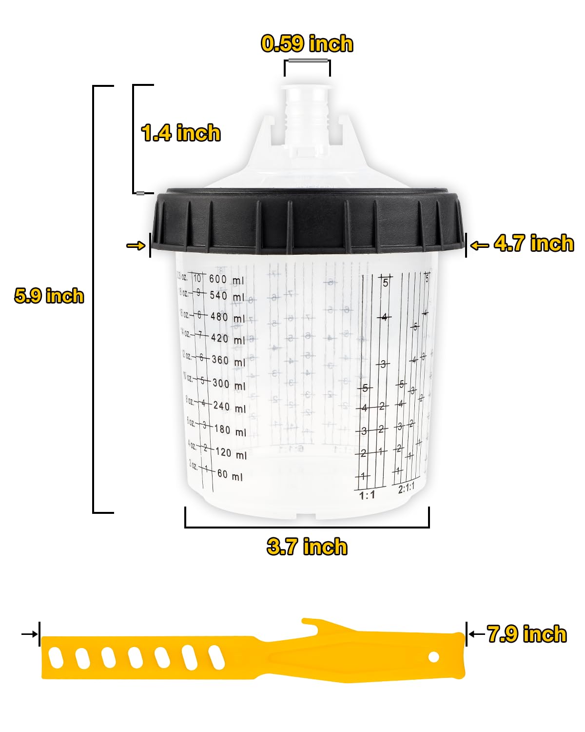 YUZES 20oz (600ml) Disposable Paint Mixing Cups System - 50 Pack Paint Cups with Lids, 2 Hard Cups with Retainer Ring, 10 Plugs, 4 Spray Gun Cup Adapters & Paint Stirrer - Automotive Paint Gun Accessories for Professional & DIY Painting Projects