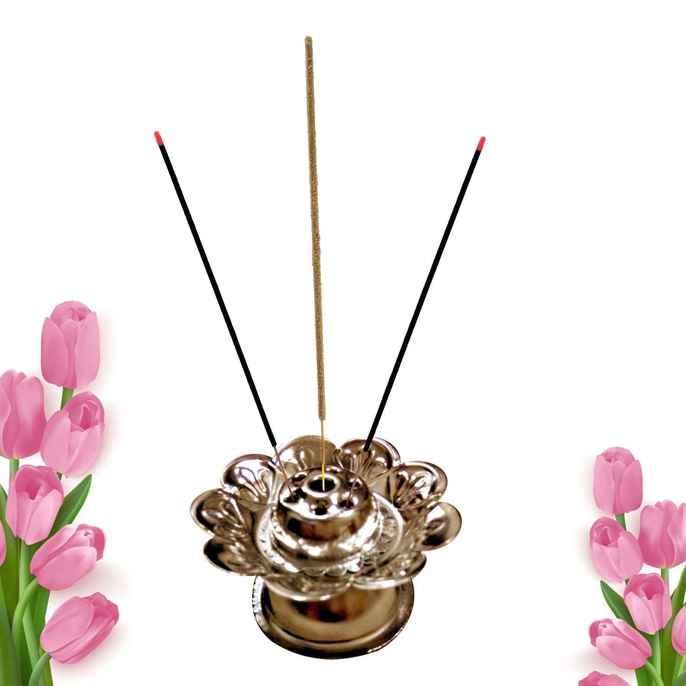 Stainless Steel Incense Holder & Diya Stand - Elegant Flower Design for Agarbatti, Indian Home Decor & Puja Rituals | Perfect for Meditation, Yoga & Spiritual Ceremonies