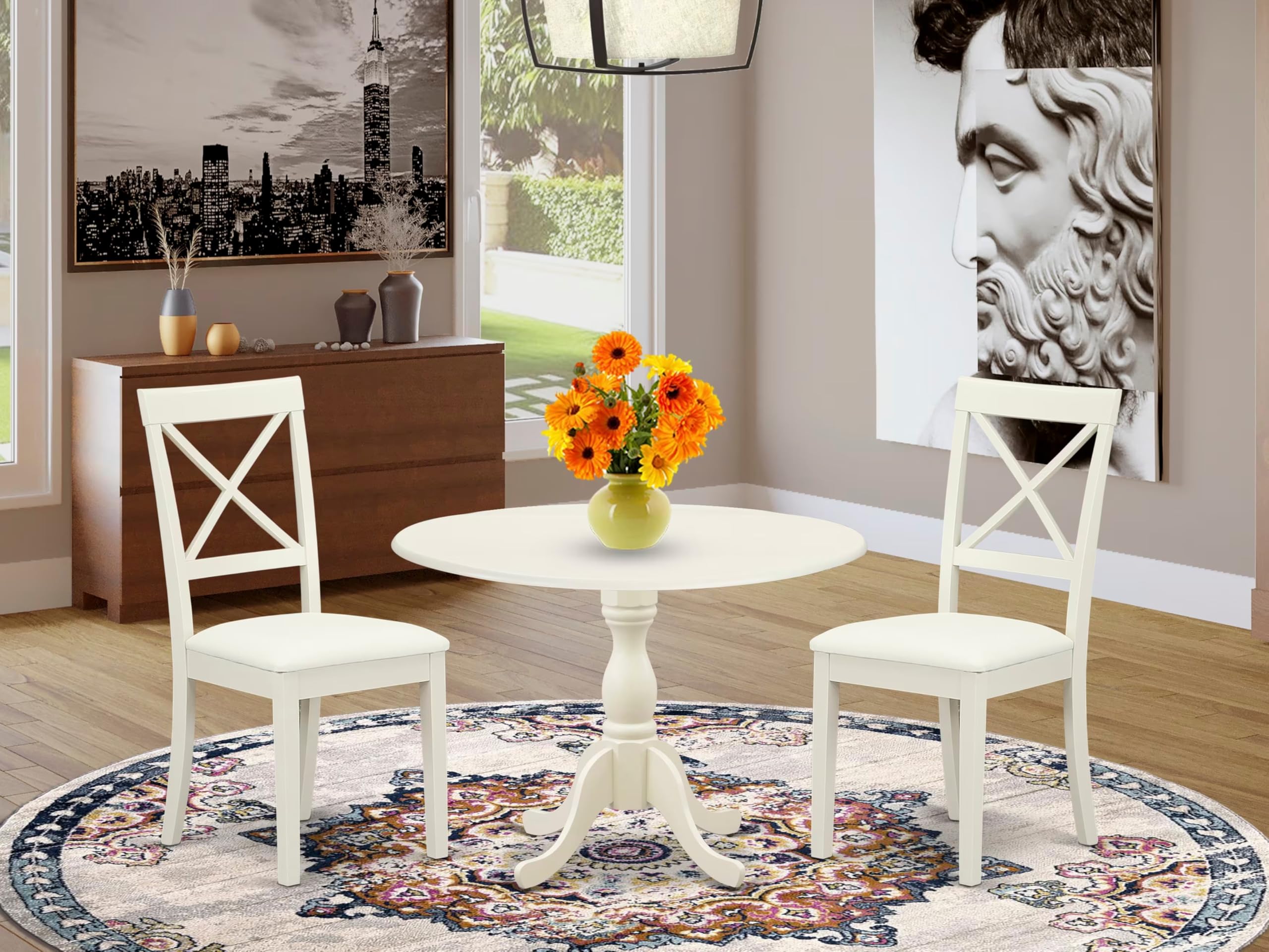 East West Furniture DMBO3-LWH-C 3-Piece Round Dining Table Set with Drop Leaf & 2 Linen Upholstered Chairs, 42x42 Inch, Linen White - Perfect for Small Spaces, Apartments, and Cozy Breakfast Nooks