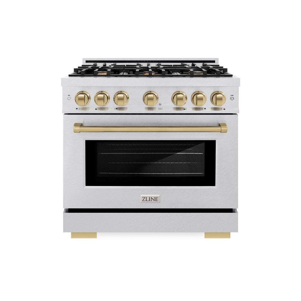 ZLINE Autograph Edition 36 Inch Dual Fuel Range - 5.2 Cu. Ft. Capacity, 6 Burner Gas Cooktop & Electric Convection Oven - Satin Stainless Steel with Champagne Bronze Accents (HDRSZ 36 CB) - Perfect for Gourmet Kitchens & Professional Style Cooking