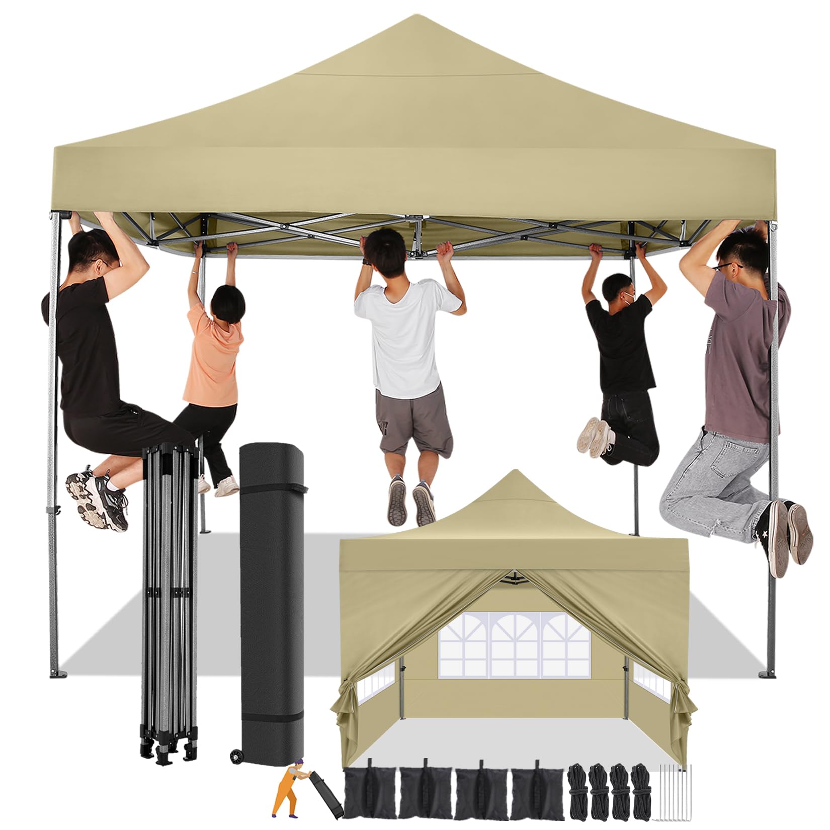 COBIZI 10x10 Pop Up Canopy Tent with 4 Sidewalls - Waterproof Heavy Duty Commercial Canopy for Outdoor Parties, Events, Camping & Backyard - Includes Wheeled Carry Bag (10x10ft, Khaki) | Perfect for Picnics, Farmers Markets, Tailgating & Beach Outings