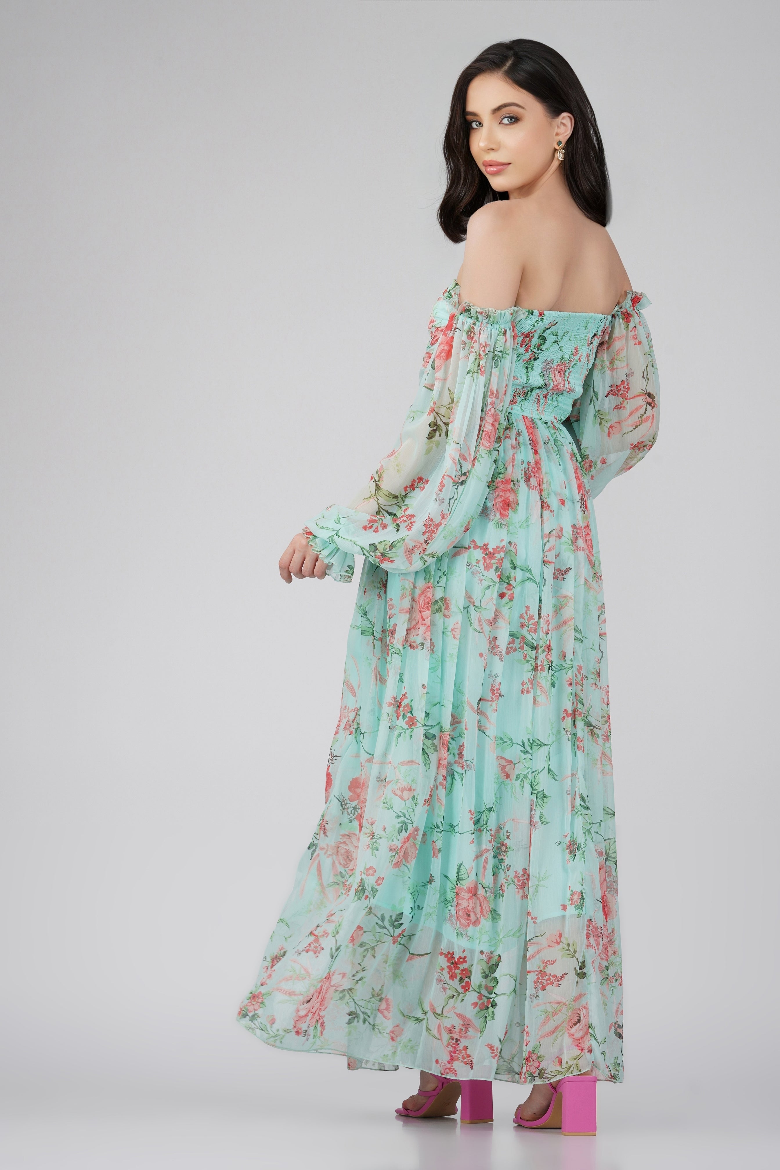 Elegant Lana Chiffon Printed Dress in Green - Flowy Summer Dress for Women, Perfect for Beach Vacation, Garden Party & Date Night