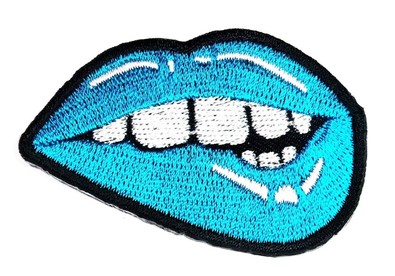 Blue Kiss Sexy Lips Mouth Bite Cartoon Embroidery Patch - Iron On & Sew On Badge for Jeans, Jackets, Polo Shirts, Hats & Backpacks - Fun DIY Accessory for Fashion & Costume Design