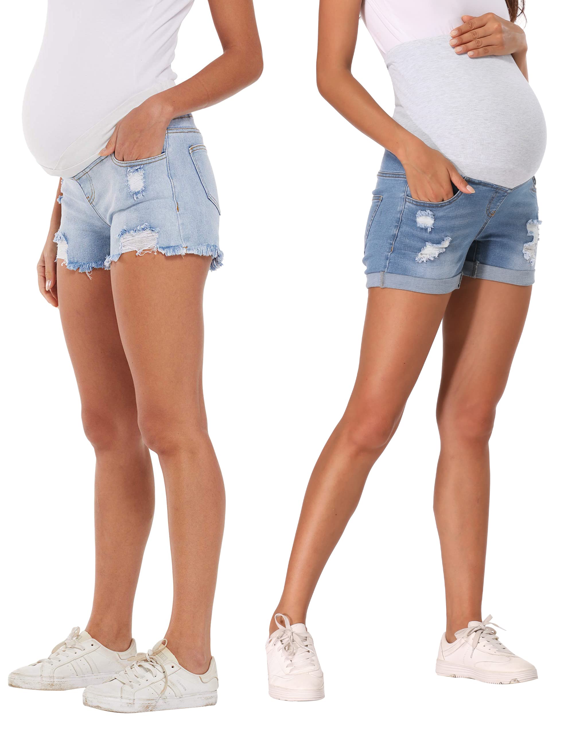 V VOCNI 2 Pack Maternity Jean Shorts - Low Rise & Over The Belly Denim Shorts (Light Blue, Small) | Comfortable Pregnancy Shorts for Summer, Casual Wear & Maternity Photoshoots