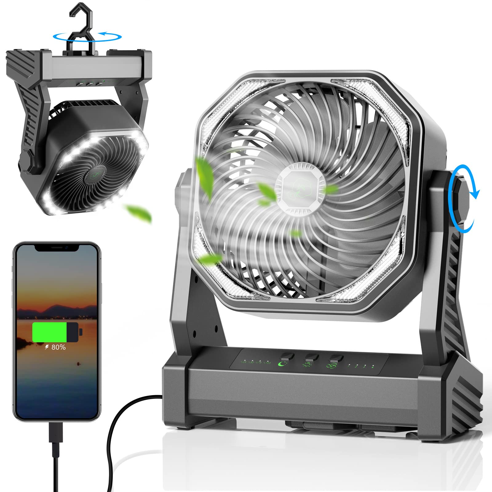 Rechargeable Camping Fan with LED Lantern - 20000mAh Battery, 270° Rotation, 4 Speed & 3 Brightness Levels, Portable USB Desk Fan with Hook - Perfect for Camping, Travel, Fishing, Power Outages & Jobsite Use