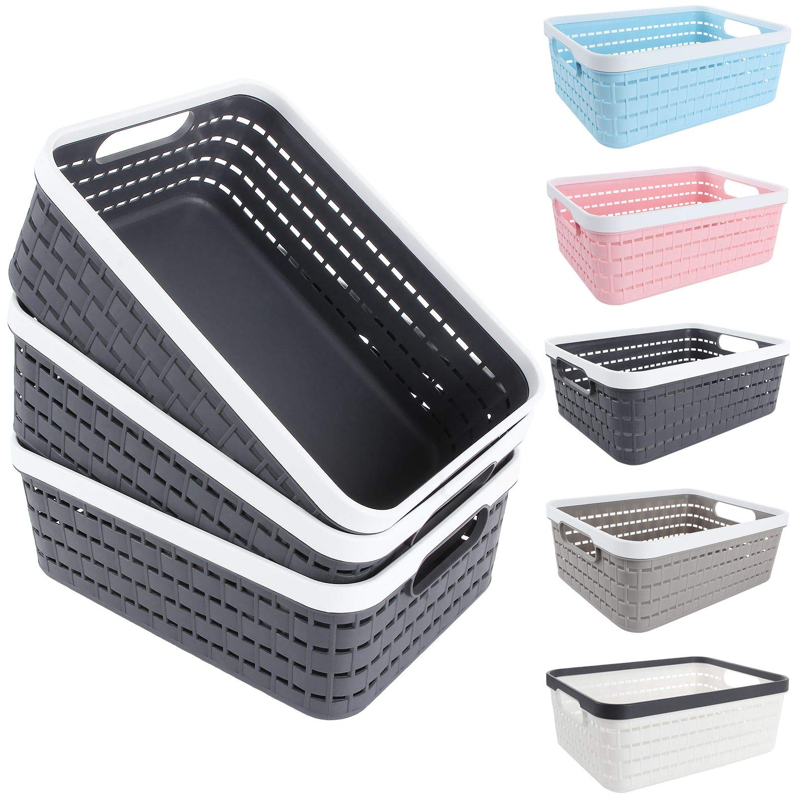 3-Pack Dark Grey Plastic Storage Baskets with Handles - 11.3