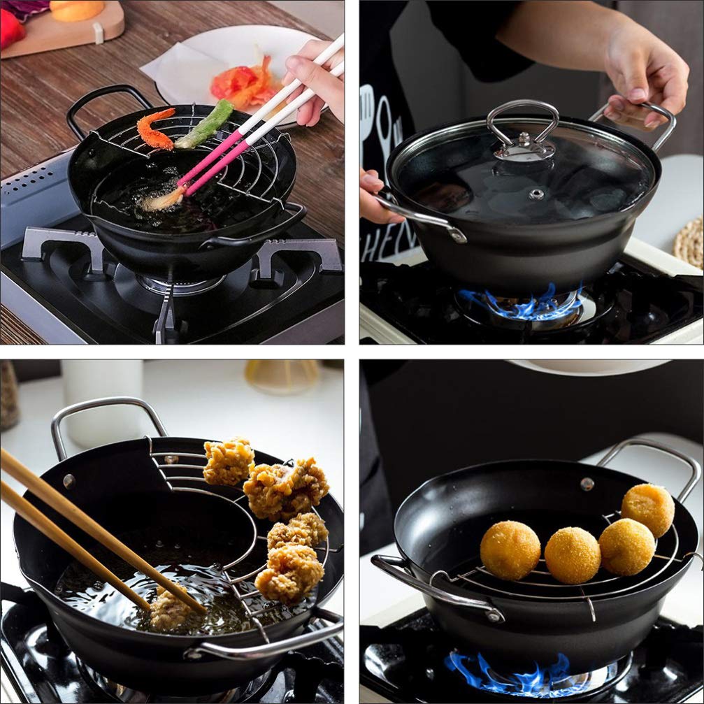Carbon Steel Deep Fryer Pan with Drainer Rack - Portable Tempura Frying Pot for Home & Restaurant Use - Perfect for Fried Chicken, Donuts & Vegetables