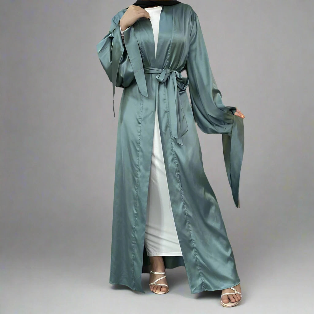 10 Color Options Puff Sleeve Satin Open Abaya Dress for Muslim Women - Elegant Modest Fashion for Prayer, Eid, Wedding & Special Occasions